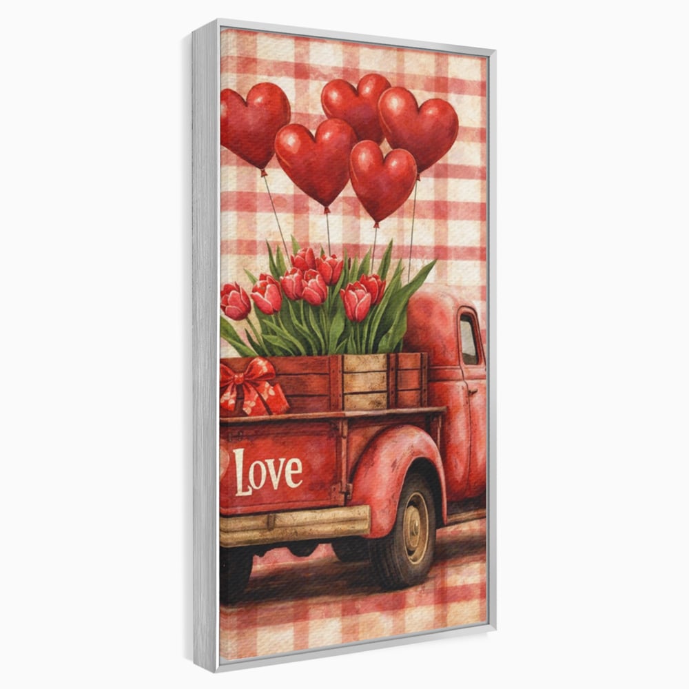 Tablou canvas cu tablou canvas cu un camion rosu vintage, in rama de aluminiu argintiu